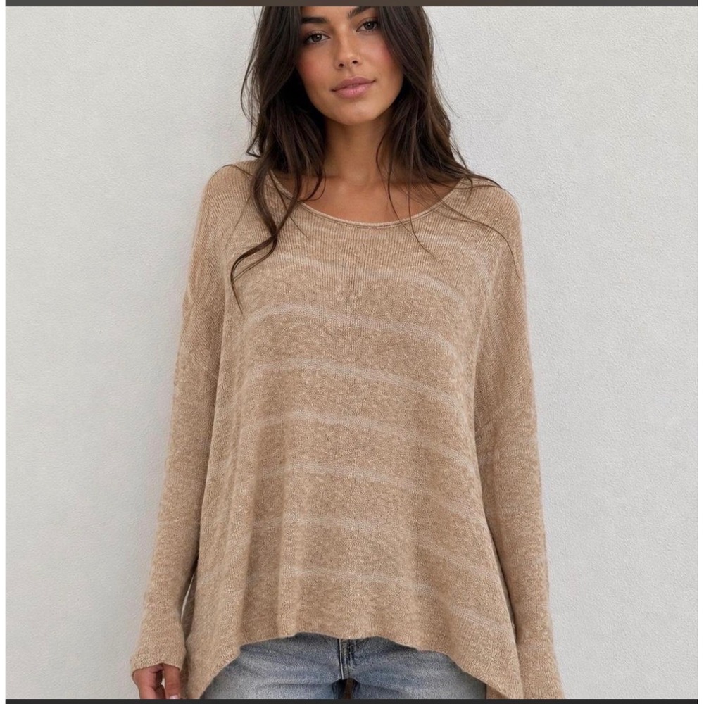 Free People Oversized Scoop Neck Knit Tunic Top Large Neutral Striped Boho